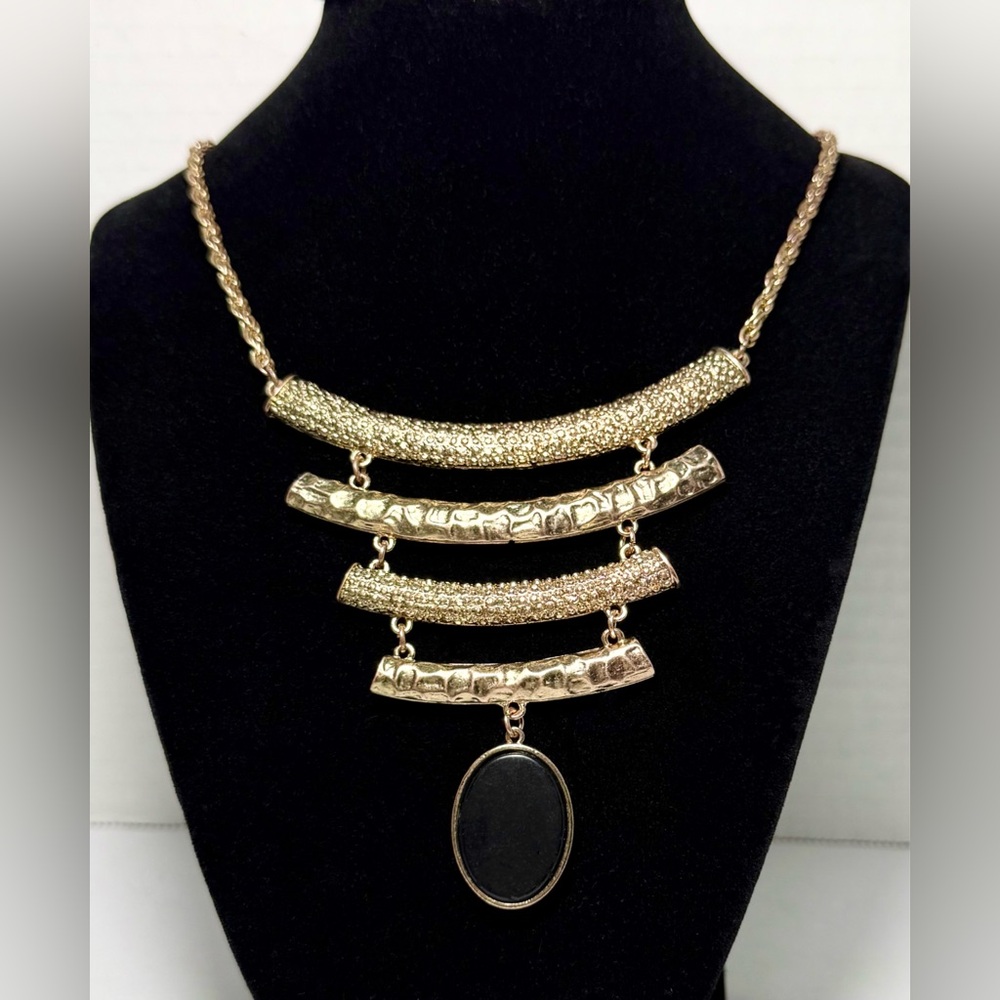 Statement Gold Bib Necklace 4 Textured Tiers Black Oval Pendant Adjustable